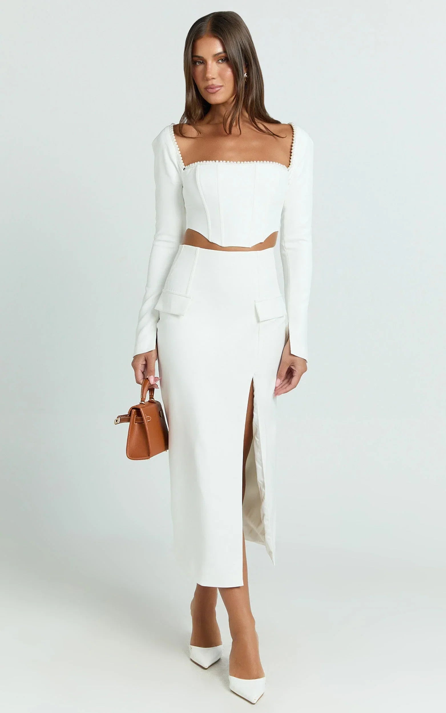Davie Midi Skirt - High Waist Split Front Skirt in White