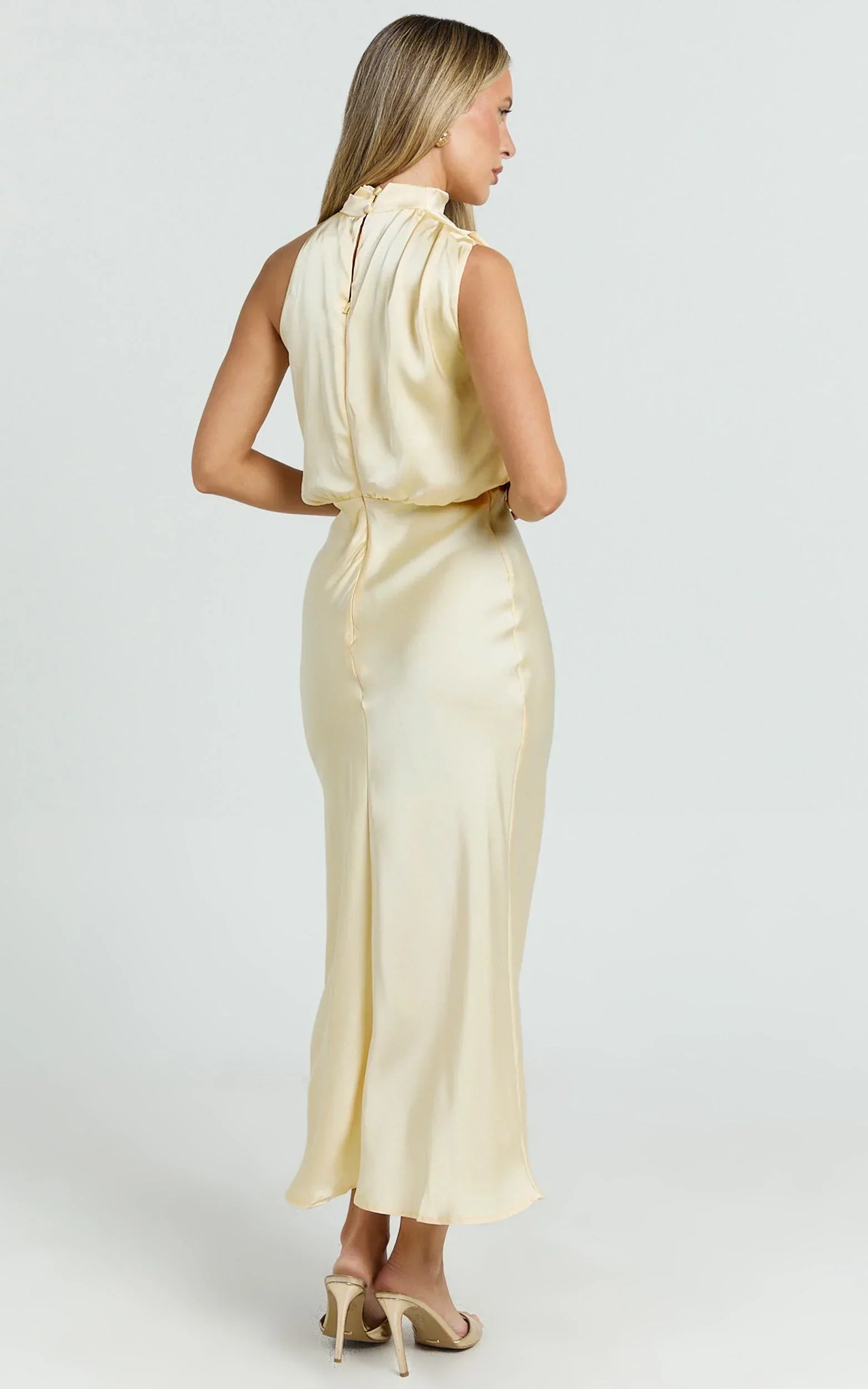 Minnie Midi Dress - Drape Neck Satin Slip Dress in Butter Yellow