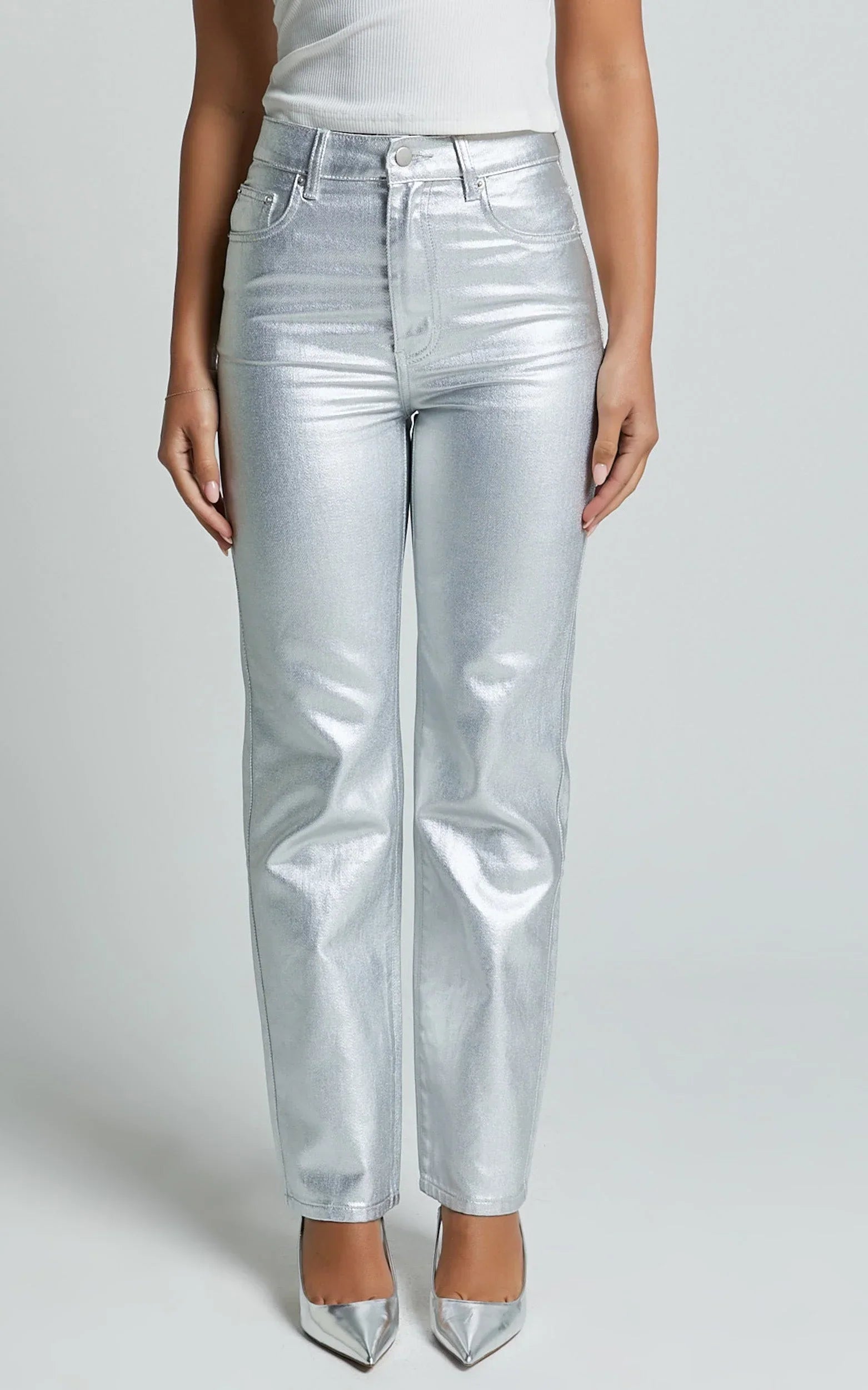 Addison Jeans - High Waisted Metallic Jeans in Silver