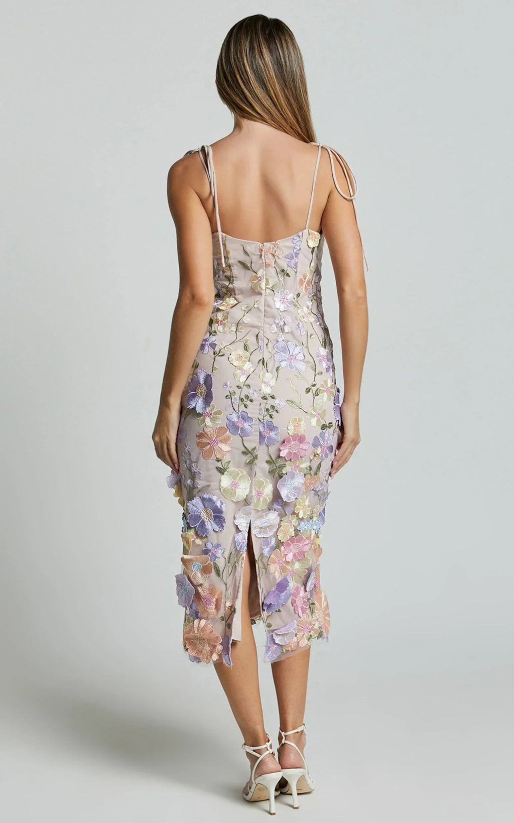 Jamich Midi Dress - Straight Neck Tie Strap Pencil Dress in Soft Pink