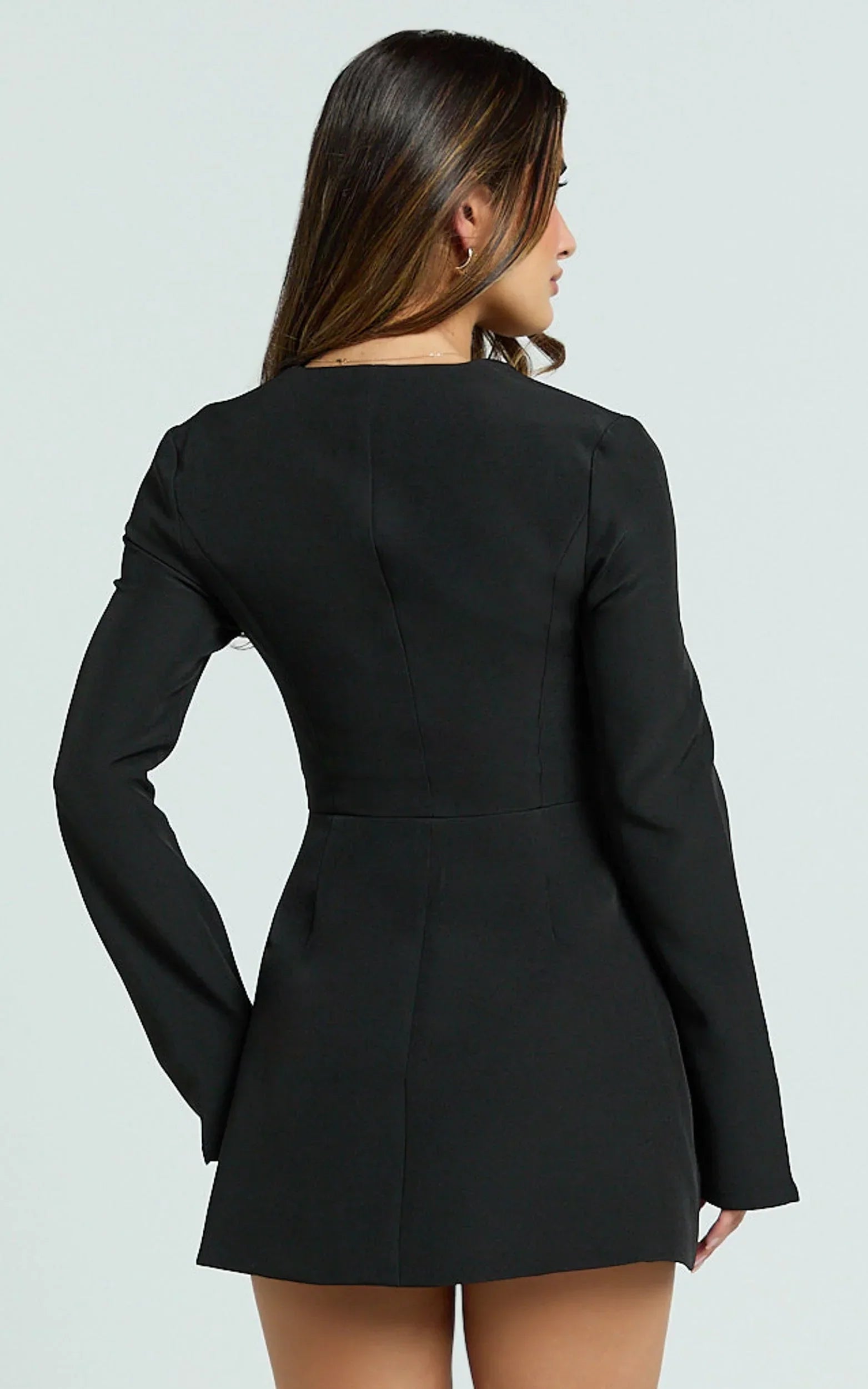 Lausanne Mini Dress - Sweetheart Neck Long Sleeve Zip Front Tulip Dress in Black