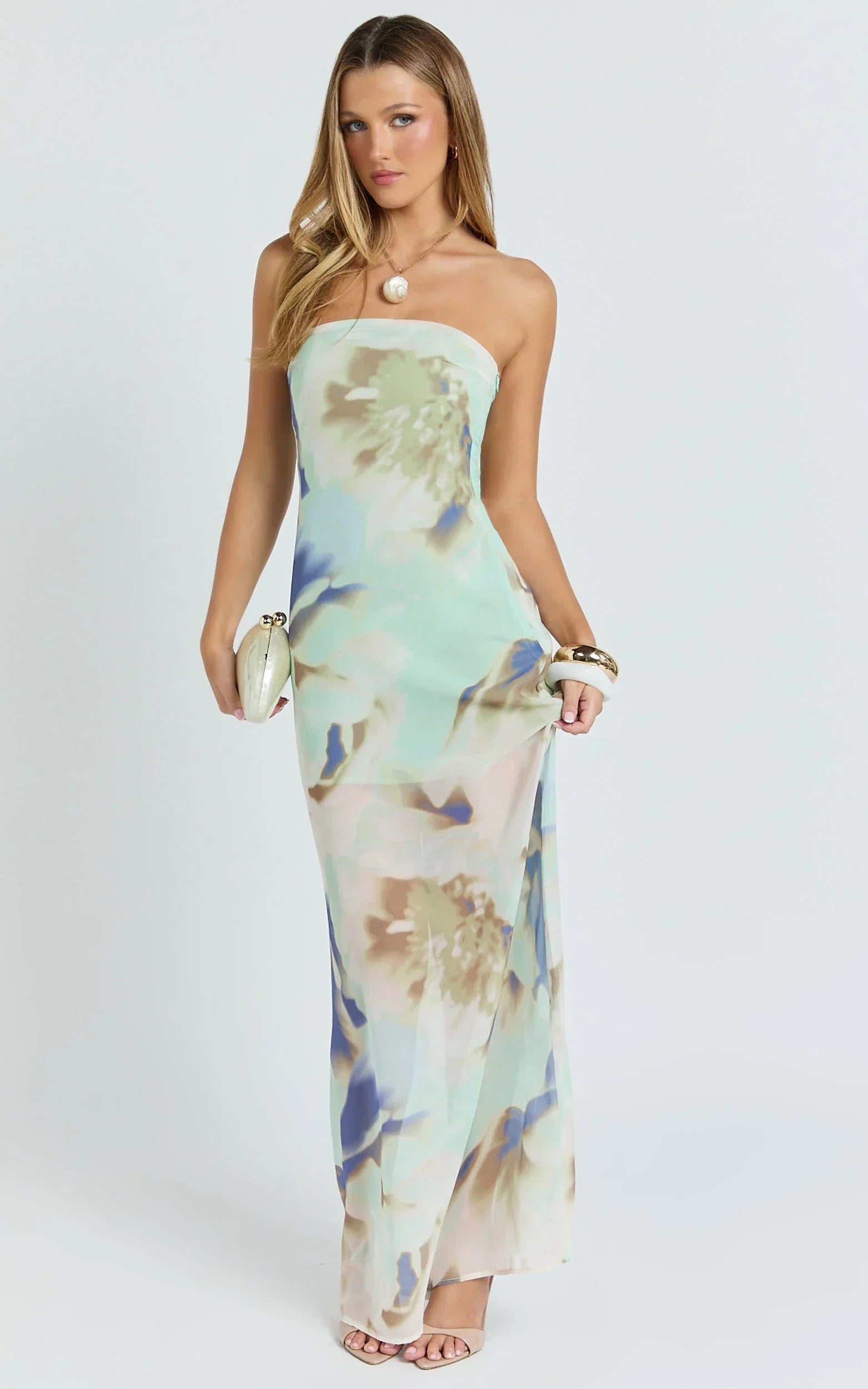 Adiana Maxi Dress - Floral Print Strapless Dress in Aquamarine Floral