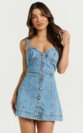 Alena Mini Dress - Sweetheart Button Down Sleeveless Bodycon Denim Dress in Mid Blue Wash