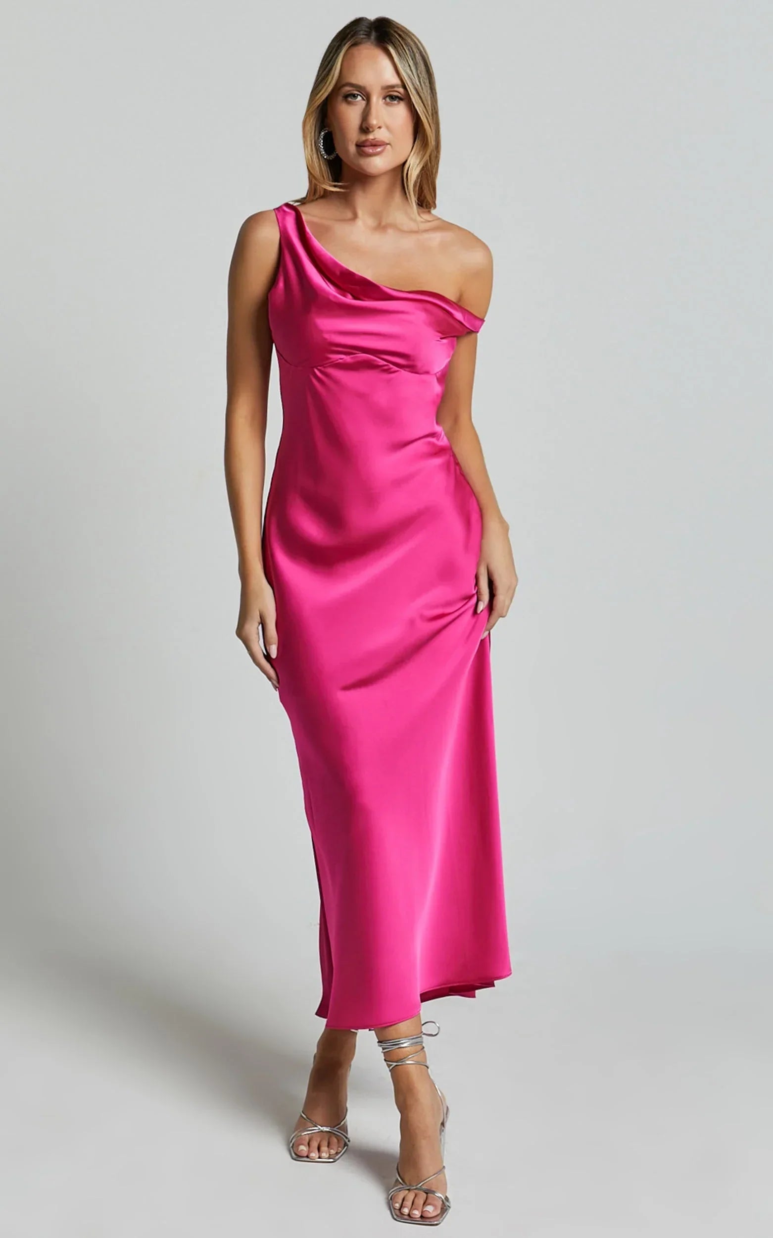 Alexia Midi Dress - One Shoulder Bust Slip Dress in Fuschia