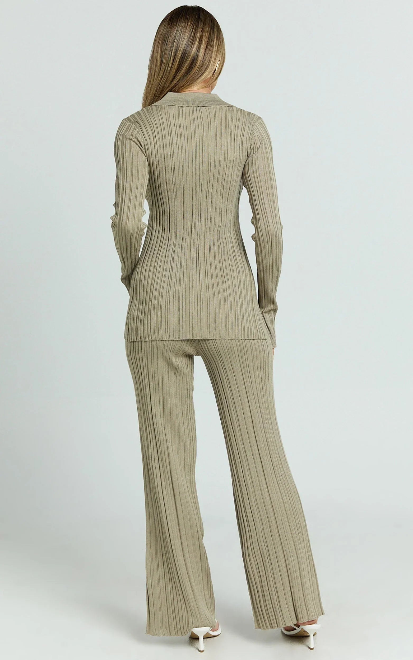 Kelsey Top - Button Through Long Sleeve Knitted Top in Taupe