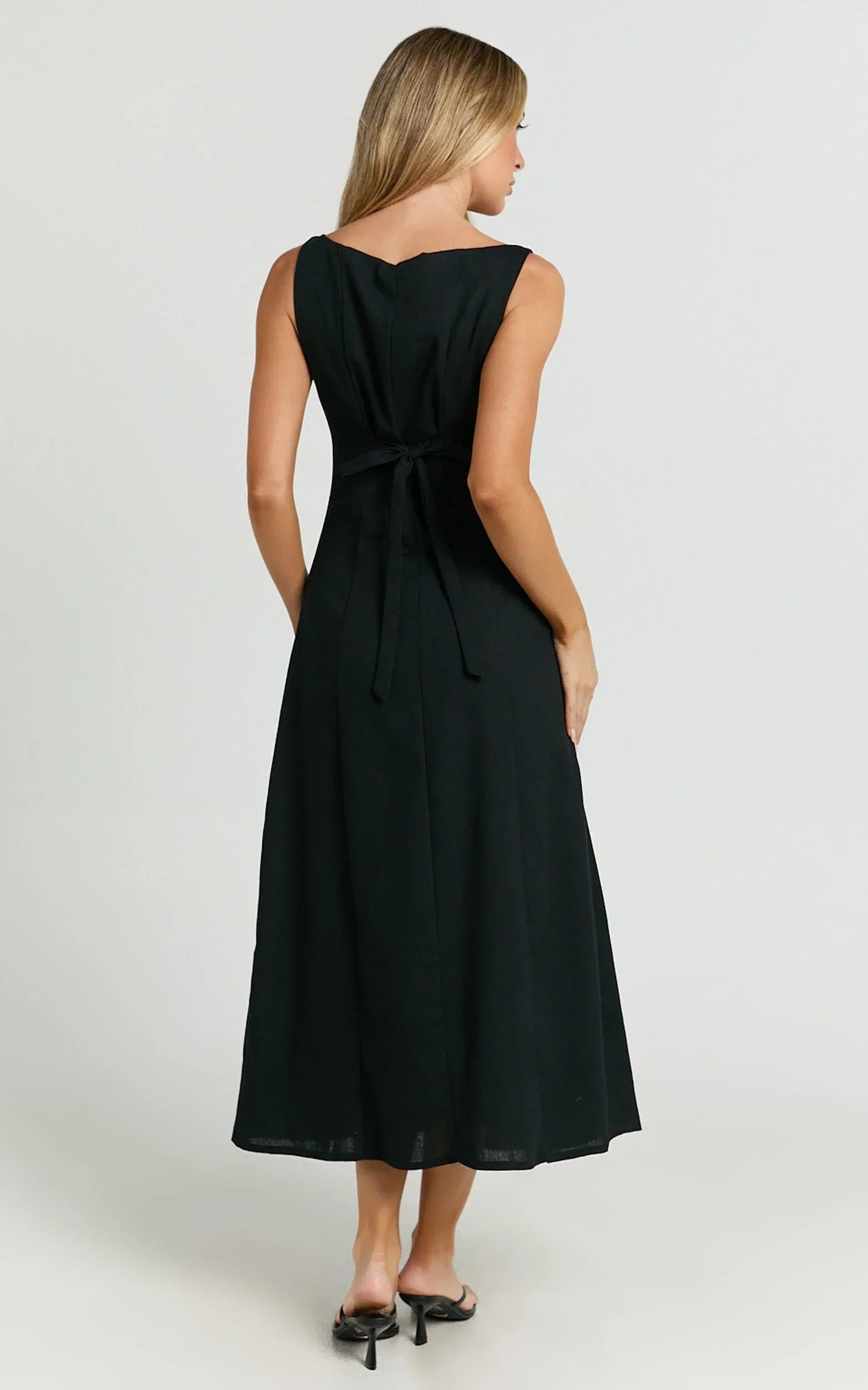 Cameron Midi Dress - Button Front Tie Back Dress in Black