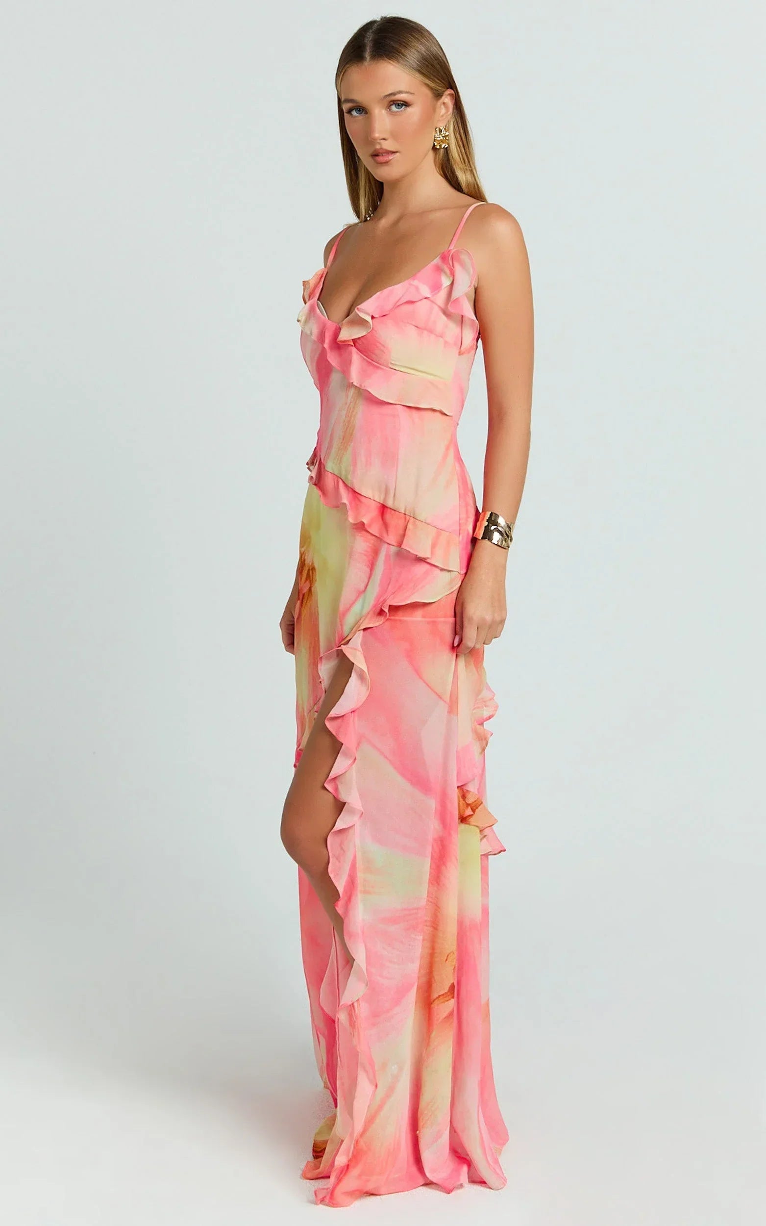 Adele Maxi Dress - Strappy V Neck Ruffle Tiered Dress in Regency Print