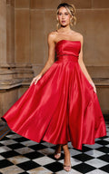 Helaina Midi Dress - Line Satin Dress in Red