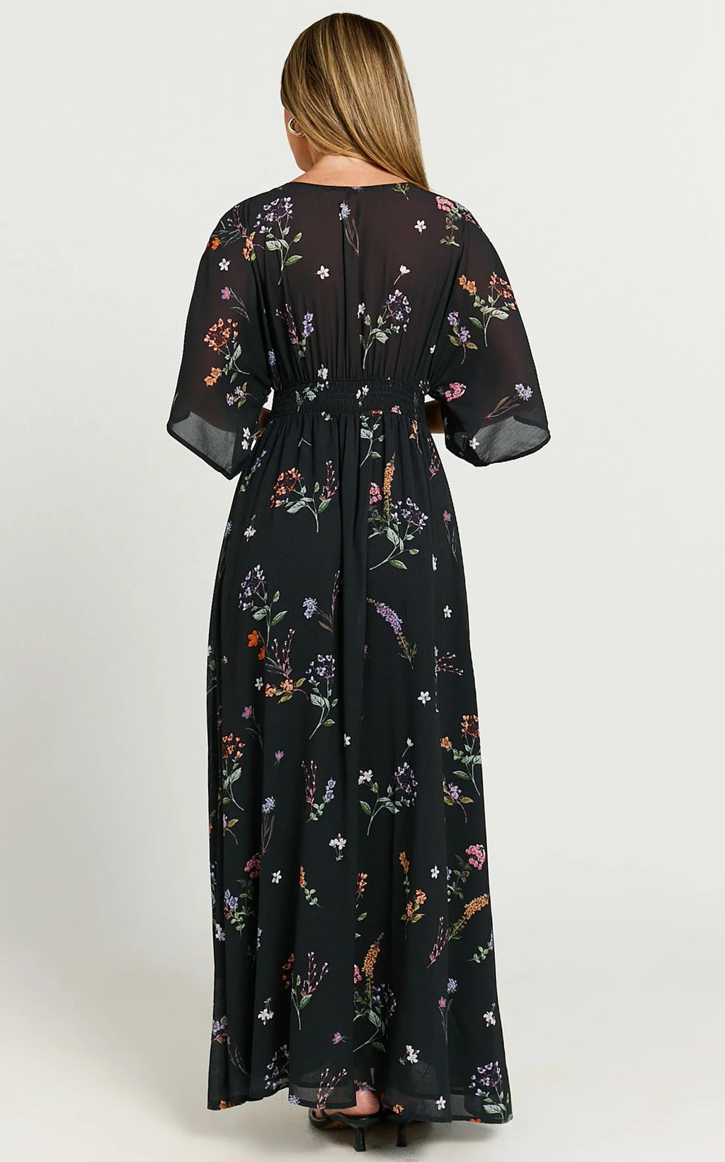 Inka Midi Dress - Short Sleeve Button Down Dress in Black Flower Field