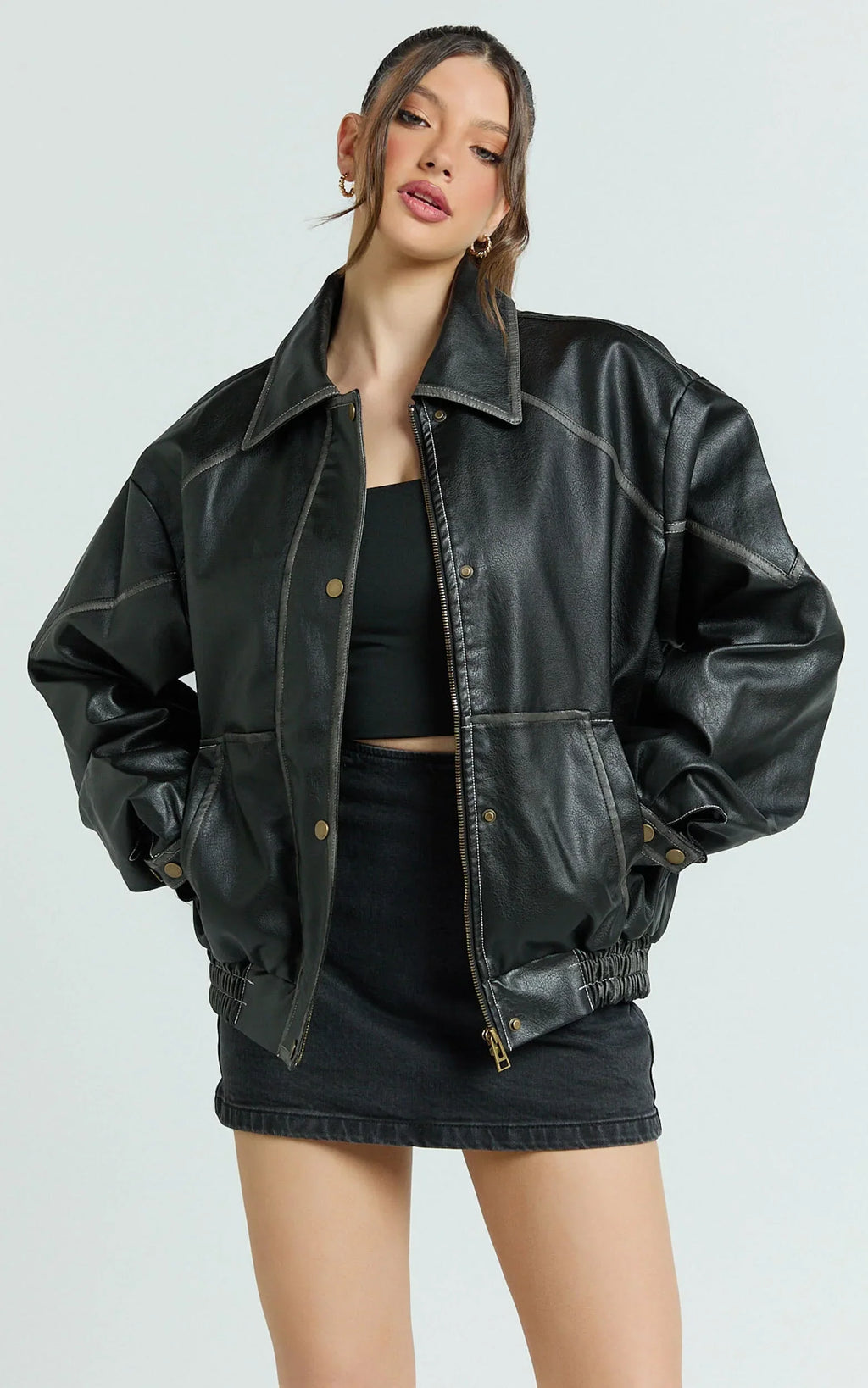 Gail Jacket - Faux Leather Bomber Jacket in Black