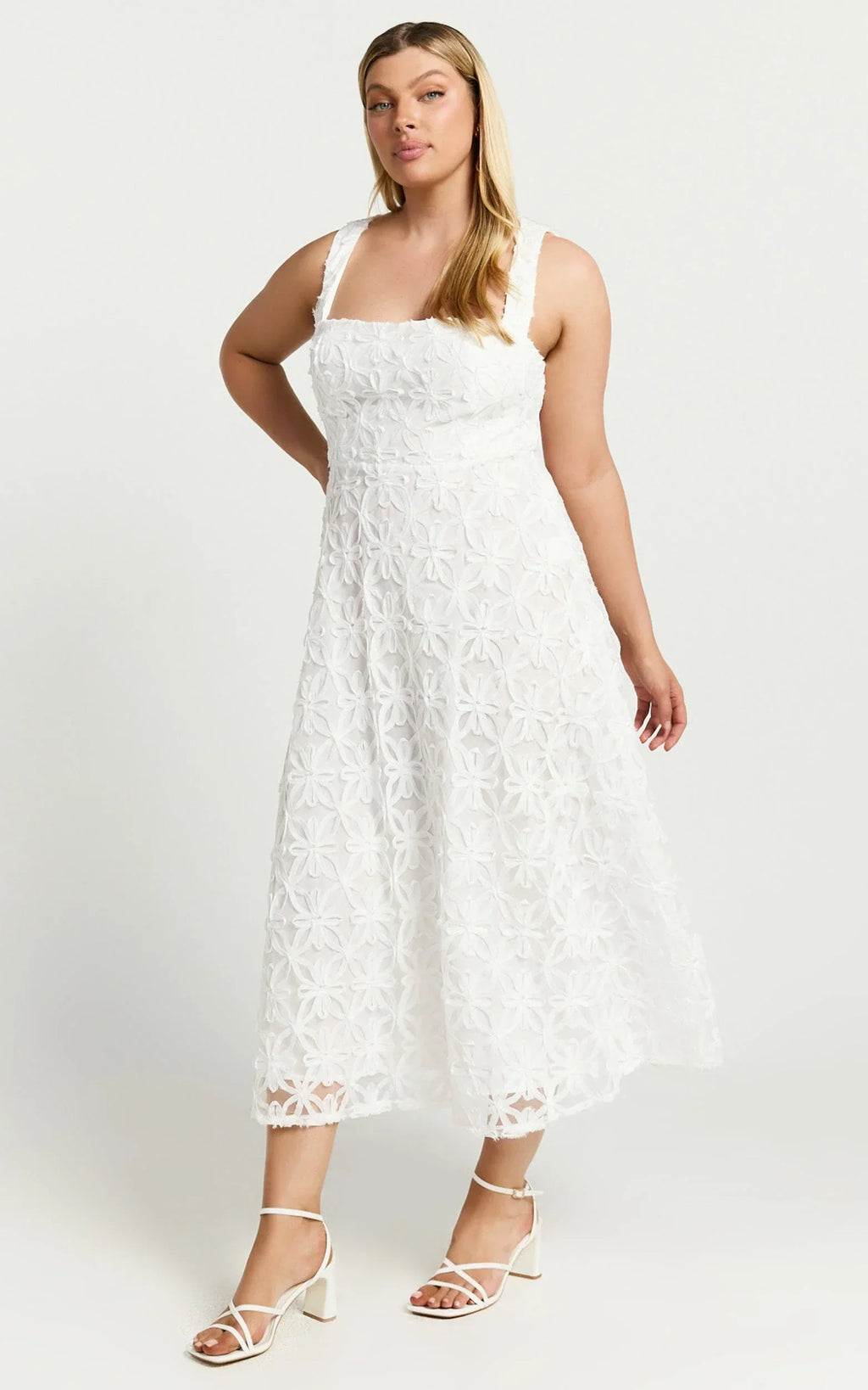 Clarissa Midi Dress - Square Neck Open Back A Line Dress in White