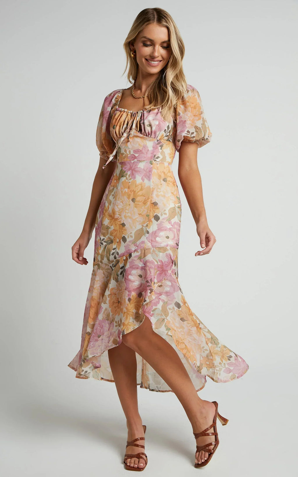 Jasalina Midi Dress - Puff Sleeve Dress in Elegant Rose