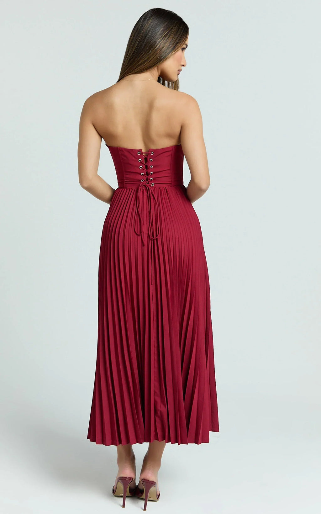 Loretta Midi Dress - Lace Up Back Bustier Pleated Dress in Wine