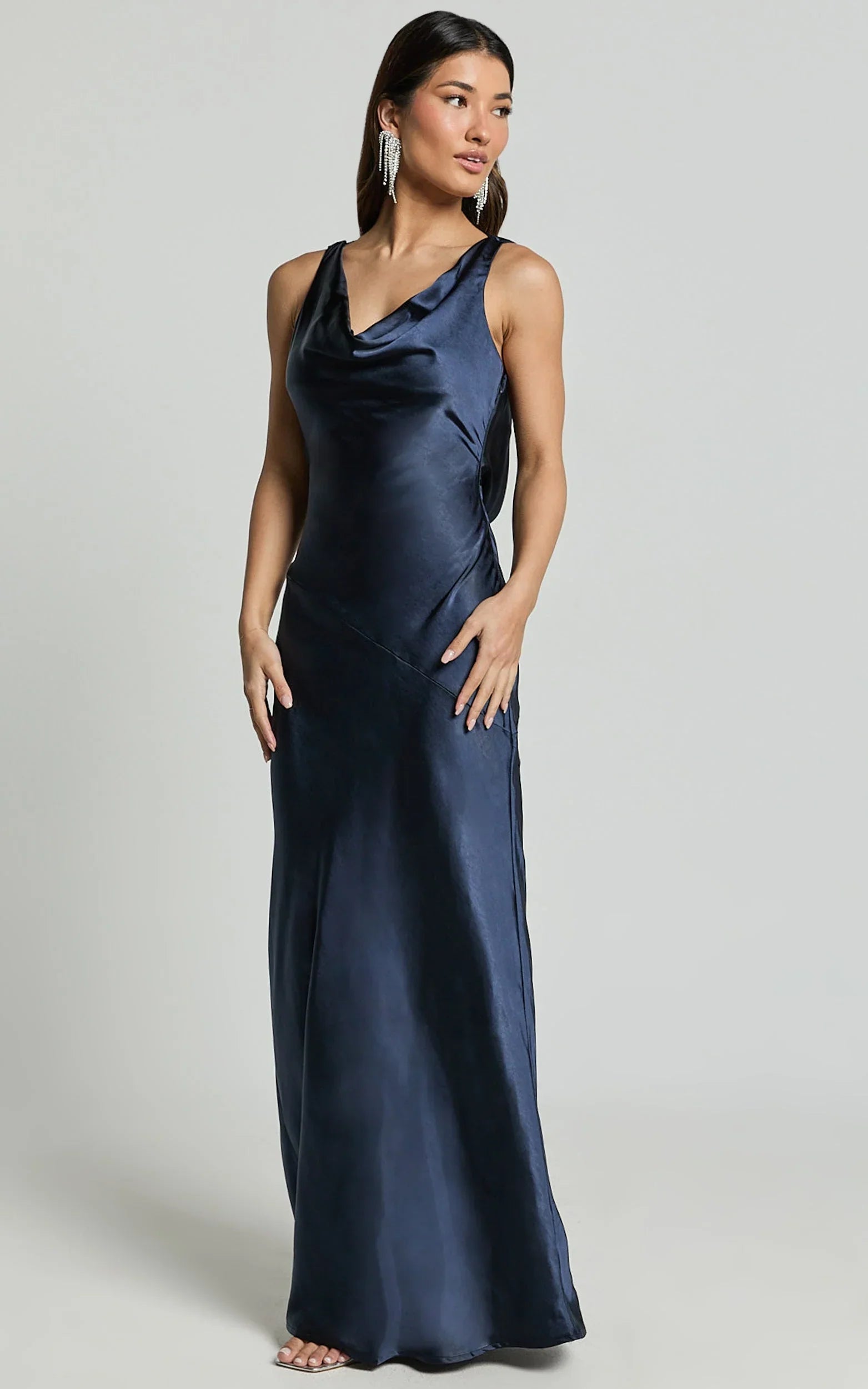 Adilah Maxi Dress - Cowl Neck Satin Dress in Navy