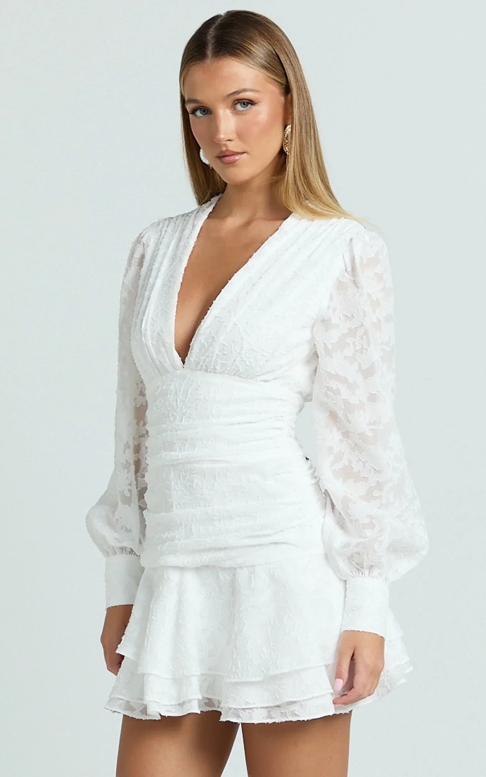 Bijou Mini Dress - Embroidery Long Sleeve Dress in White