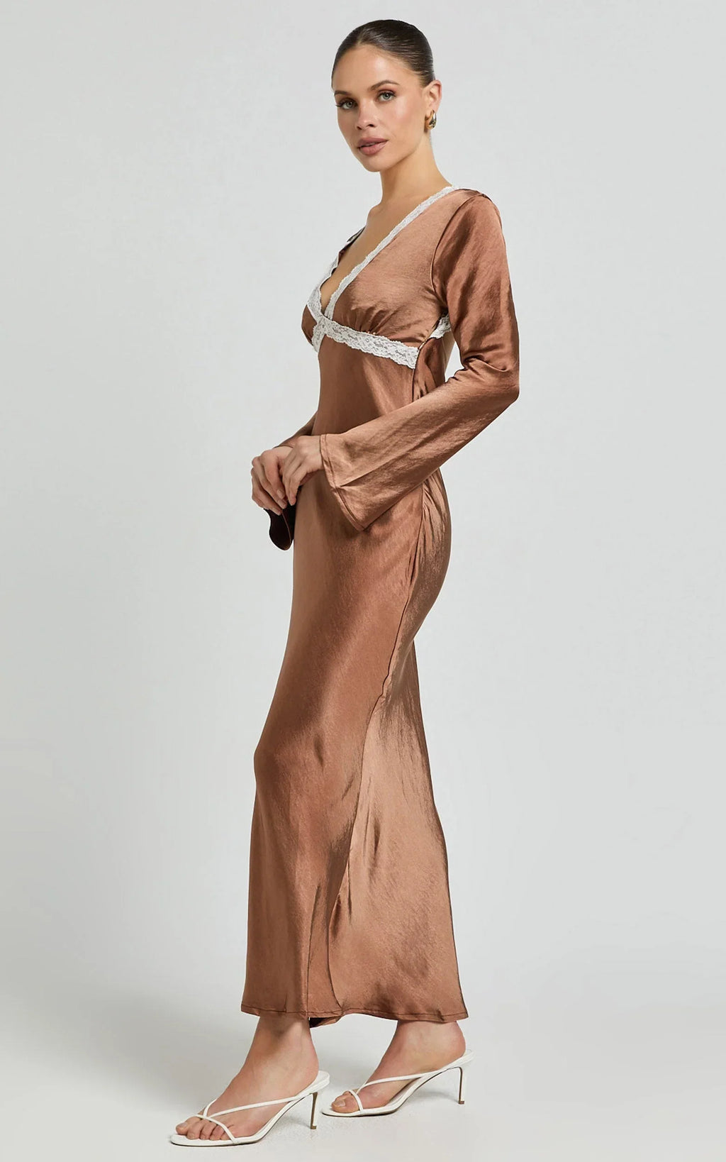 Carmela Midi Dress - Long Sleeve V Neck Lace Detail Dress in Chocolate