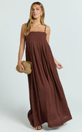 Cloe Midi Dress - Pleated Detail Dress in Chocolate