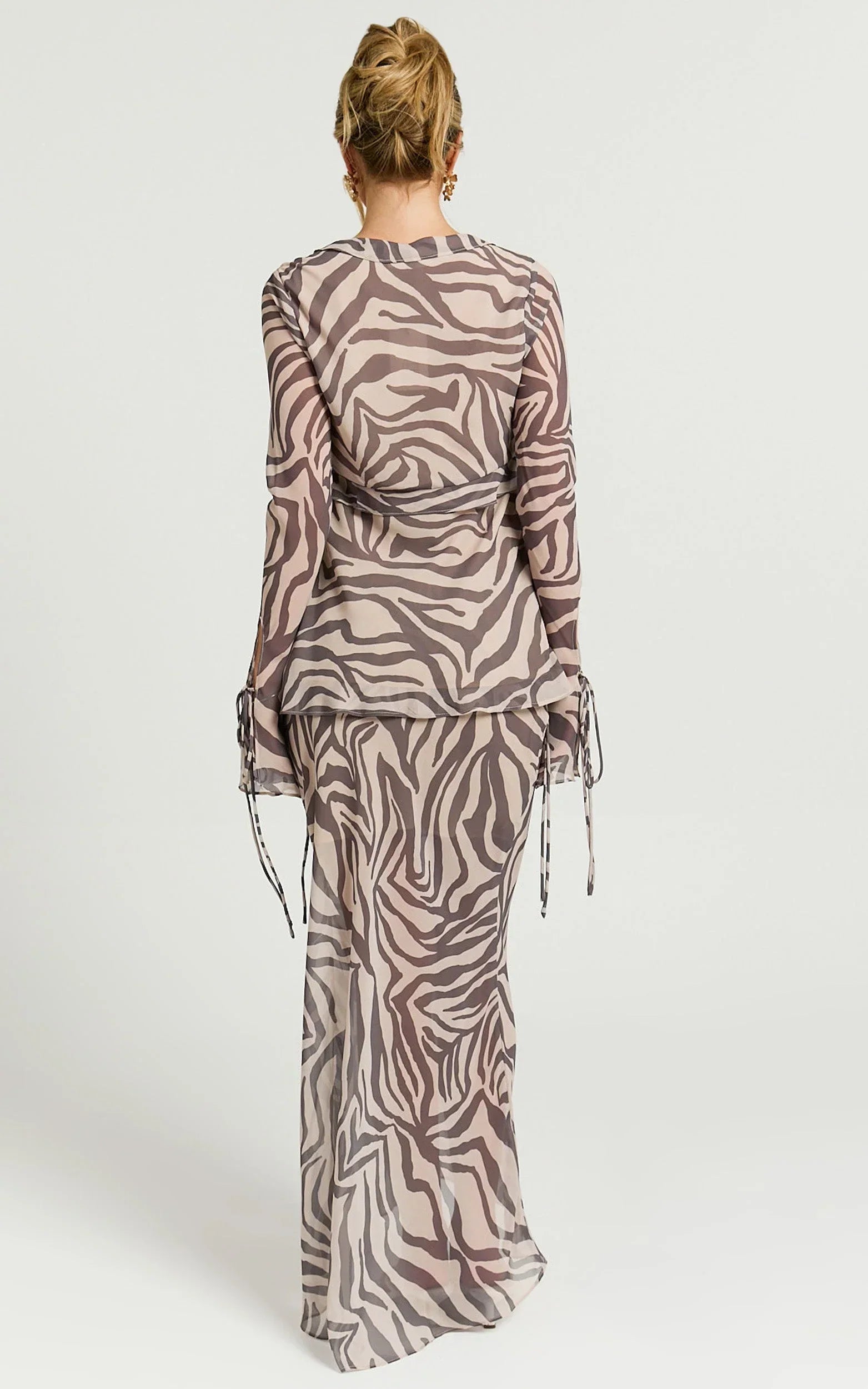 Rita Top - Georgette Tie Front Flared Sleeve Top in Abstract Zebra Print