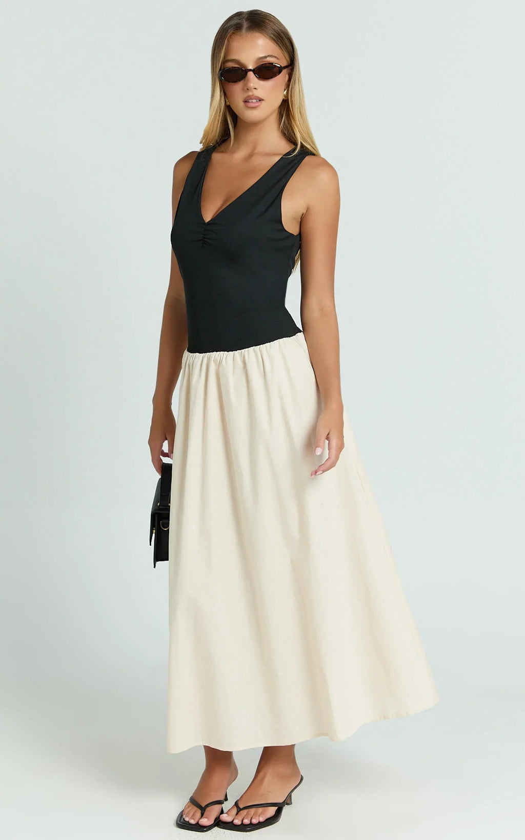 Hermi Midi Dress - Ribbed Bodice V Neck Dress in Cream