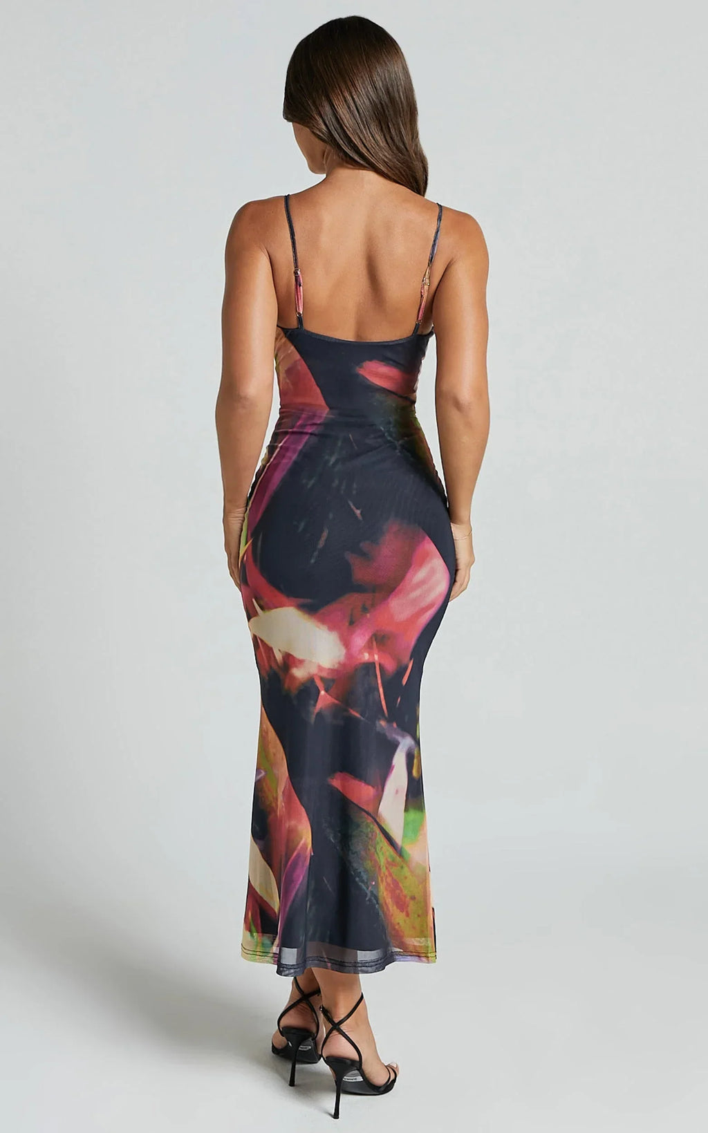 Rashida Midi Dress - V Neck Mesh Printed Dress in Floral Blur