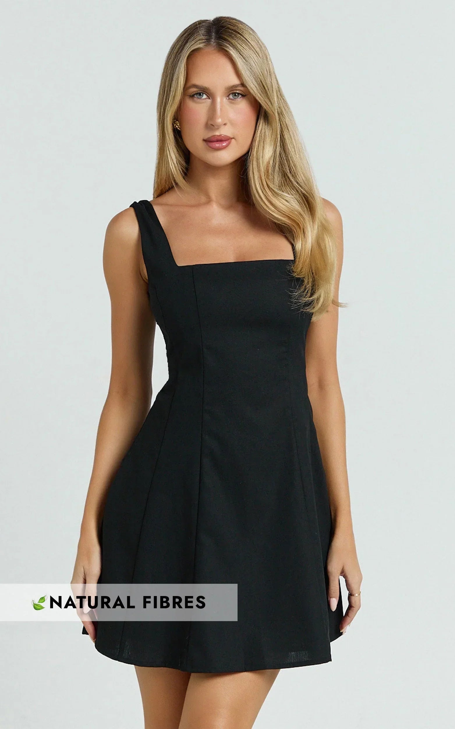 Adiana Mini Dress - Linen Square Neck Shirred Back A Line Dress in Black