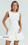 Jacqueline Mini Dress - High Neck Fit And Flare Pleat Knit Dress in Cream