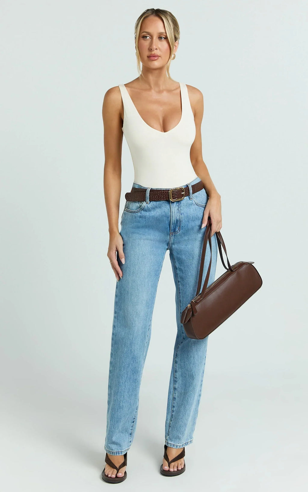 Jamie Bodysuit - V Neck Bodysuit in Cream