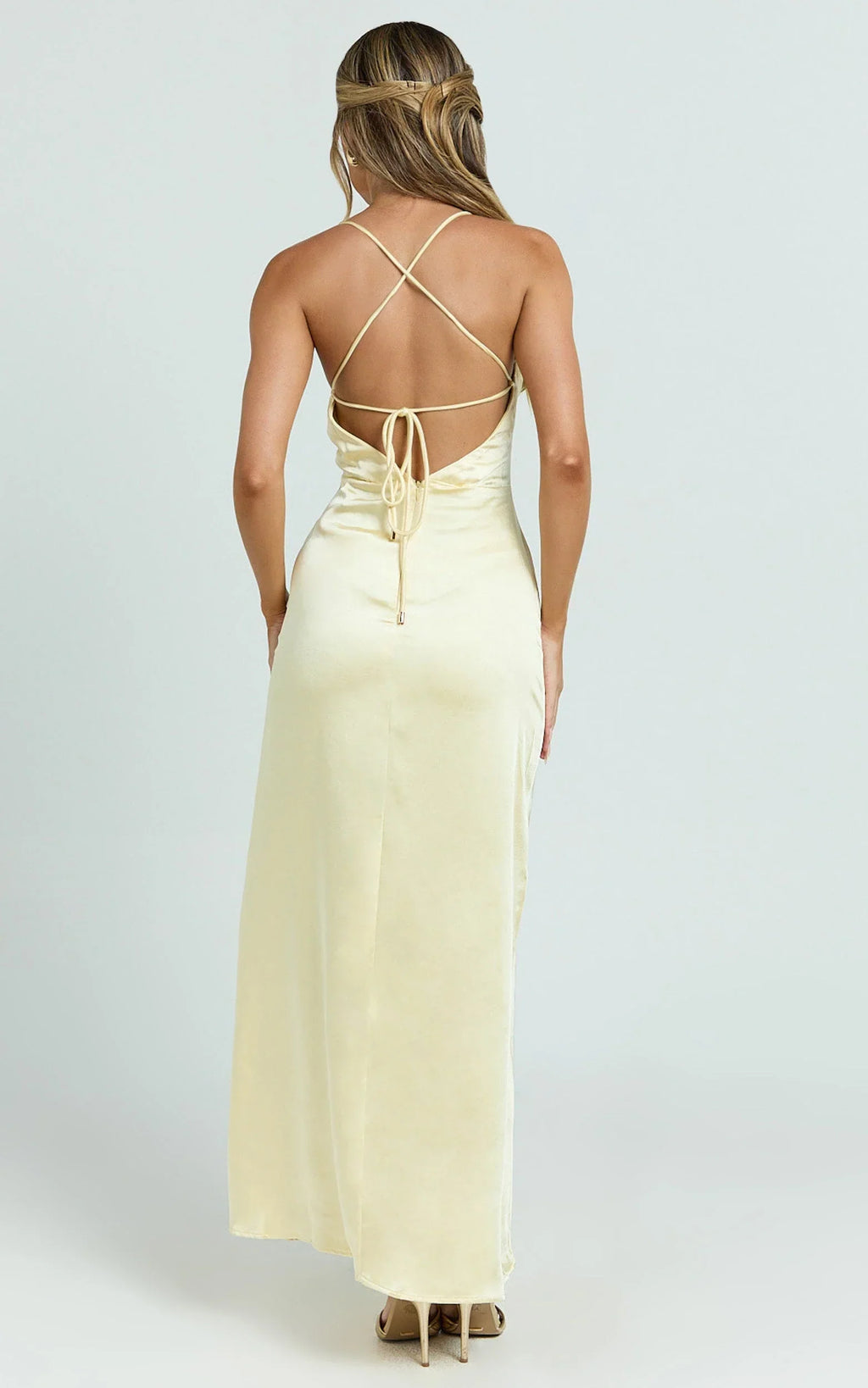 Heidi Maxi Dress - Satin Ruched Bust Tie Back Dress in Lemon