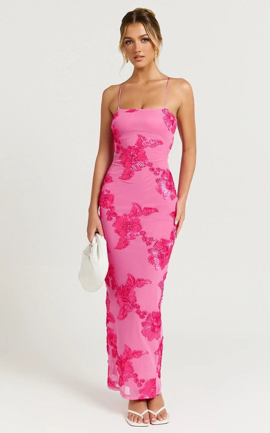 Mina Midi Dress - Embroidered Mesh Dress in Pink
