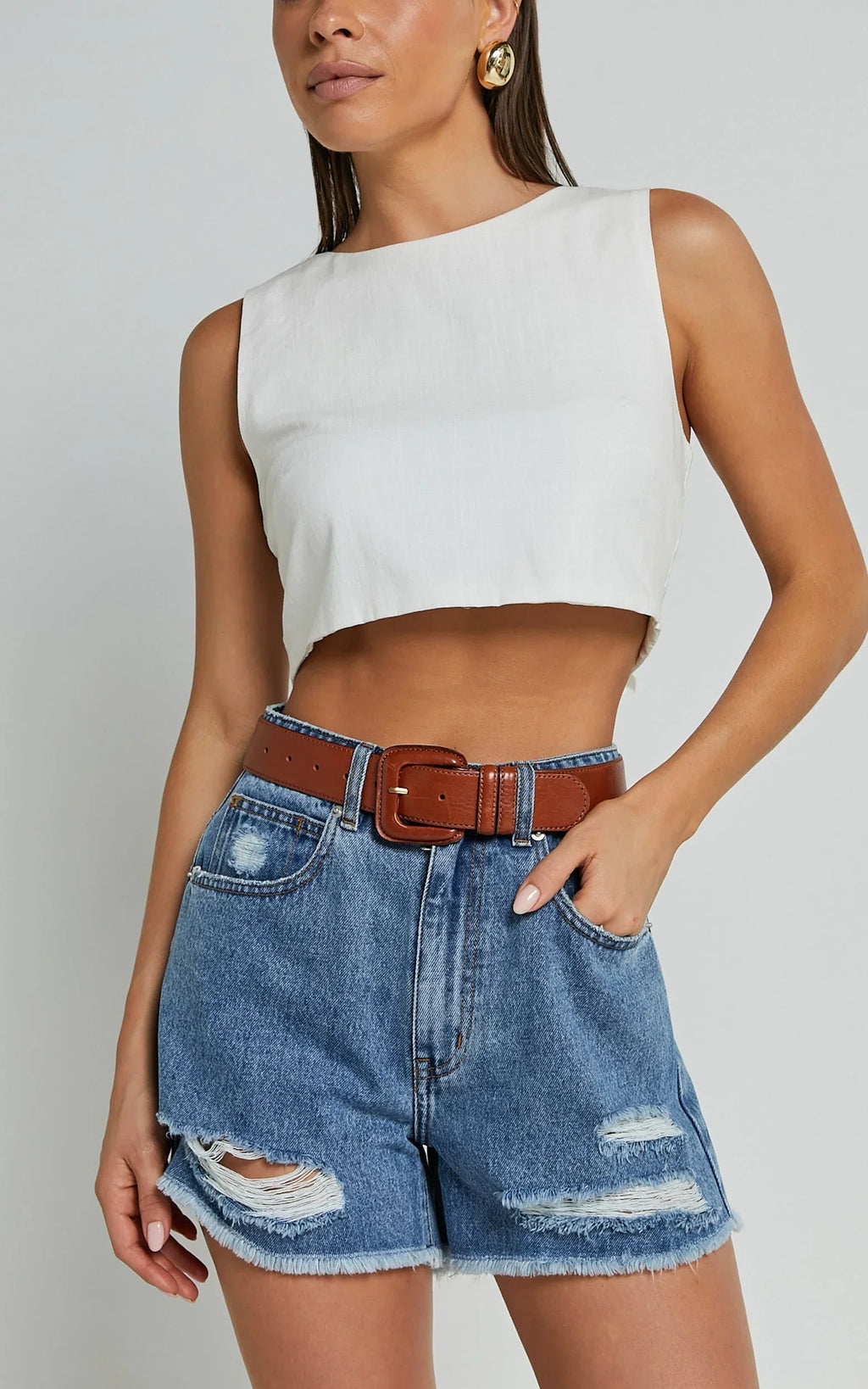 Mindae Shorts - Recycled Cotton Ripped Denim Shorts in Blue