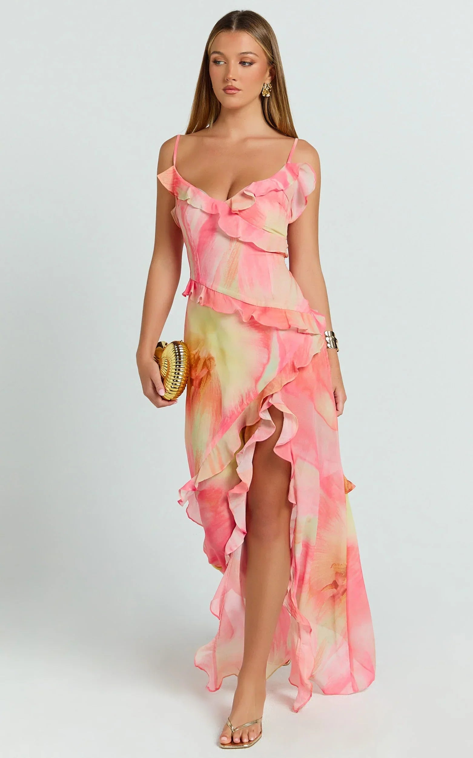 Adele Maxi Dress - Strappy V Neck Ruffle Tiered Dress in Regency Print
