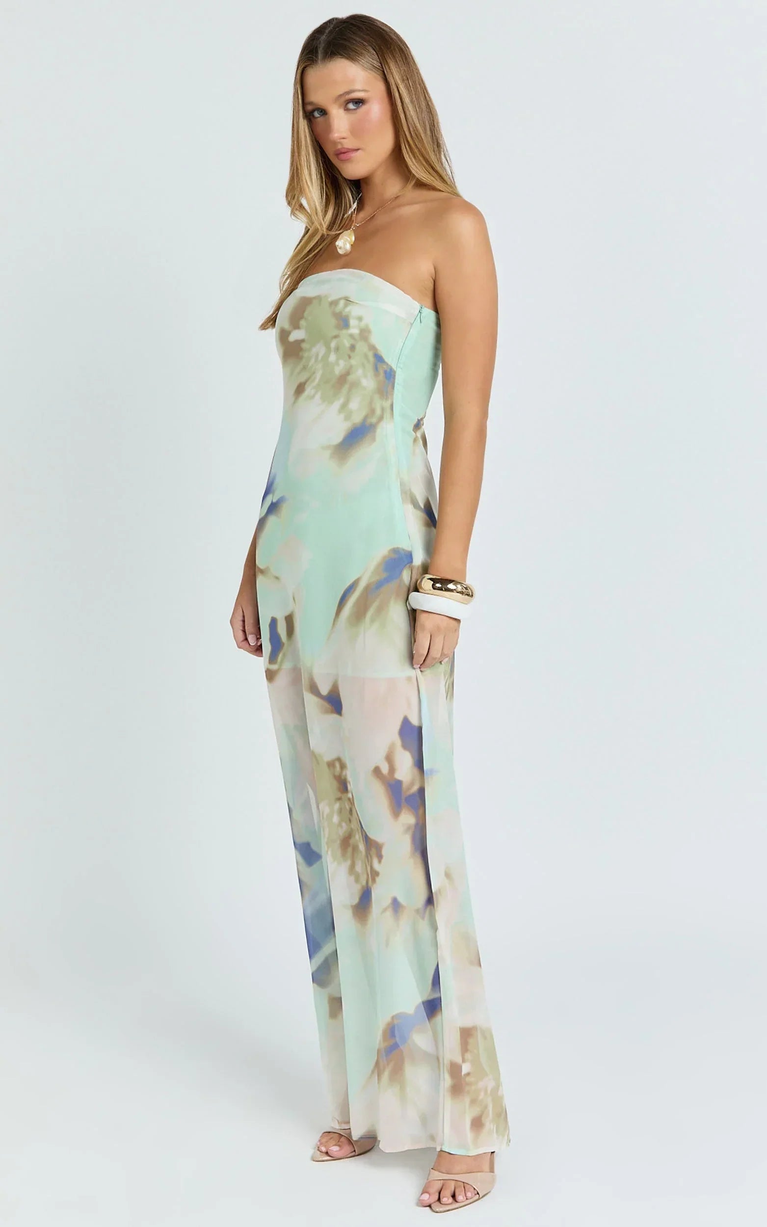 Adiana Maxi Dress - Floral Print Strapless Dress in Aquamarine Floral