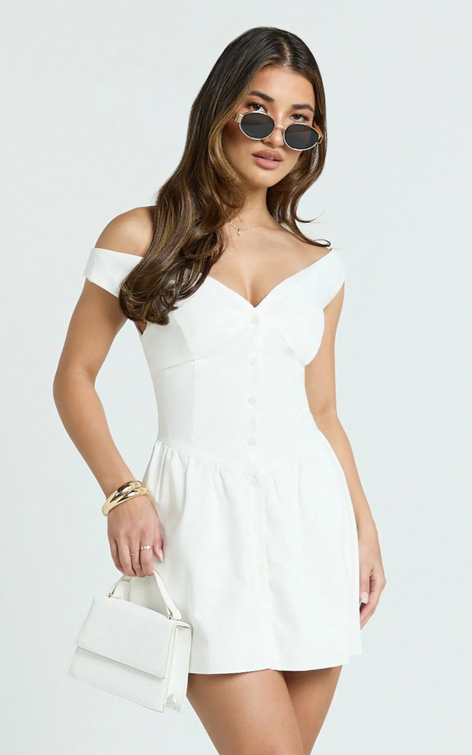 Adelaide Mini Dress - Off Shoulder Button Front Fit And Flare Dress in White