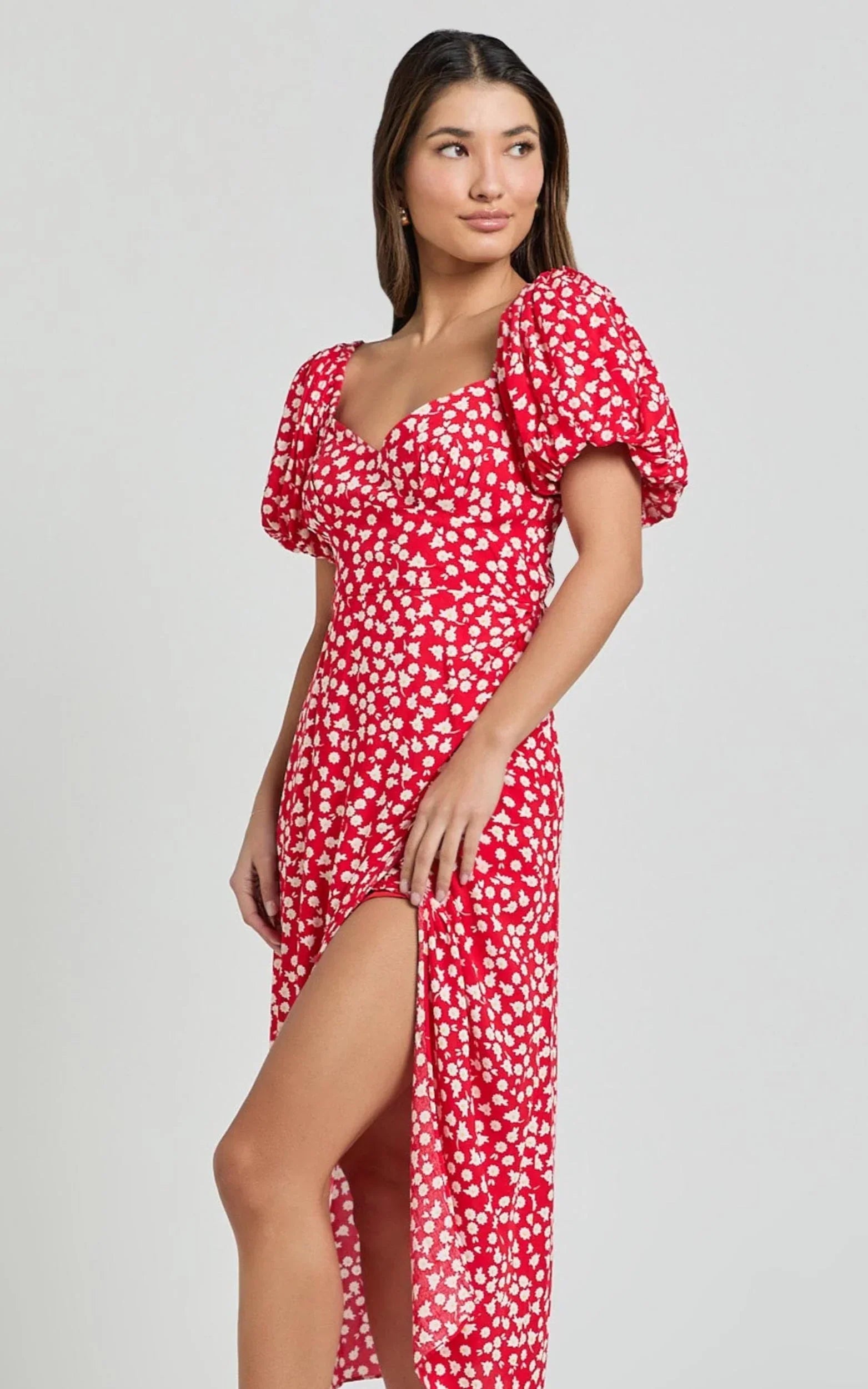 Carlyn Midi Dress - Sweetheart Puff Sleeve Wrap Dress in Red Floral