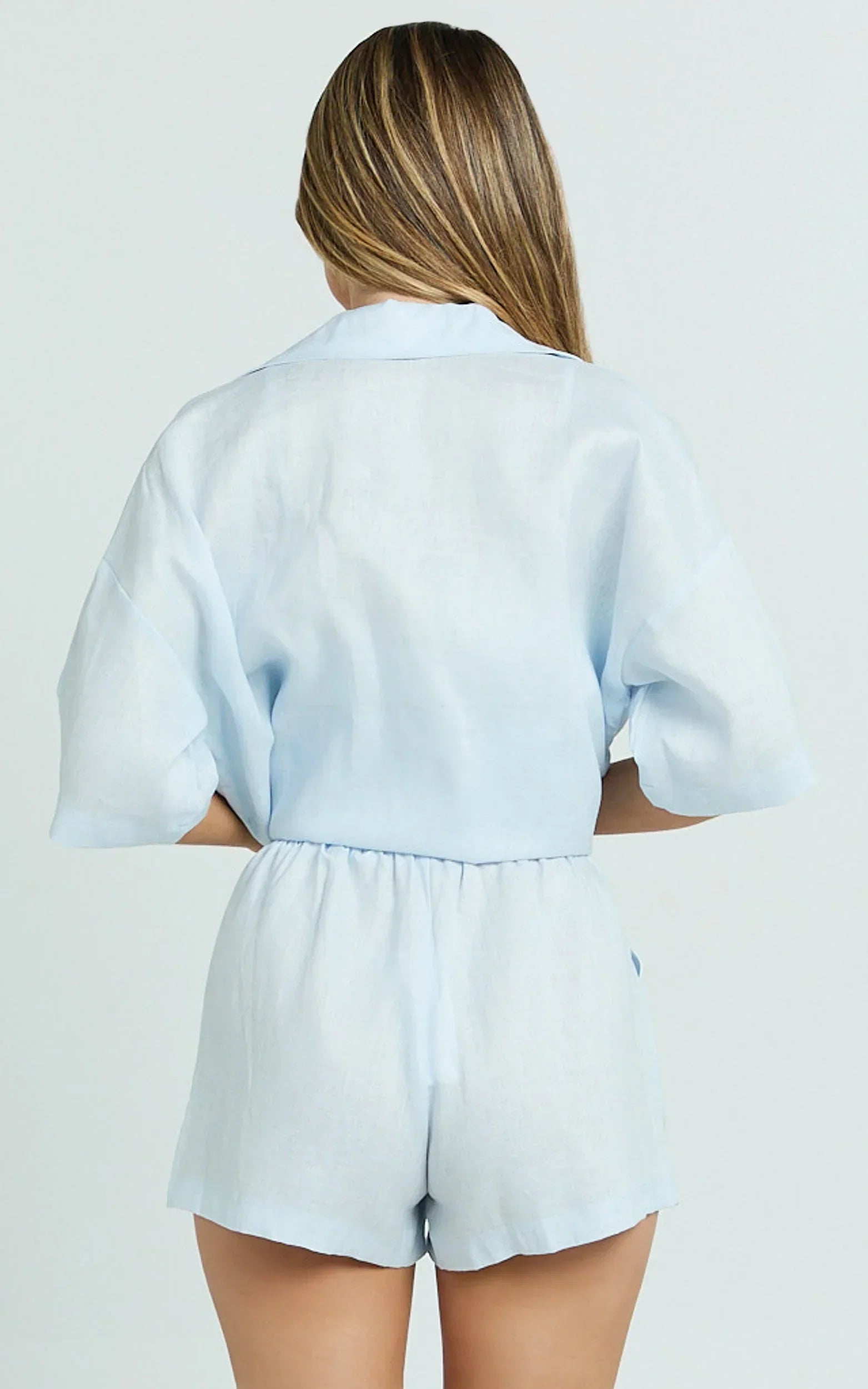 Ramona Linen Shorts - Drawstring Linen Shorts in Pale Blue