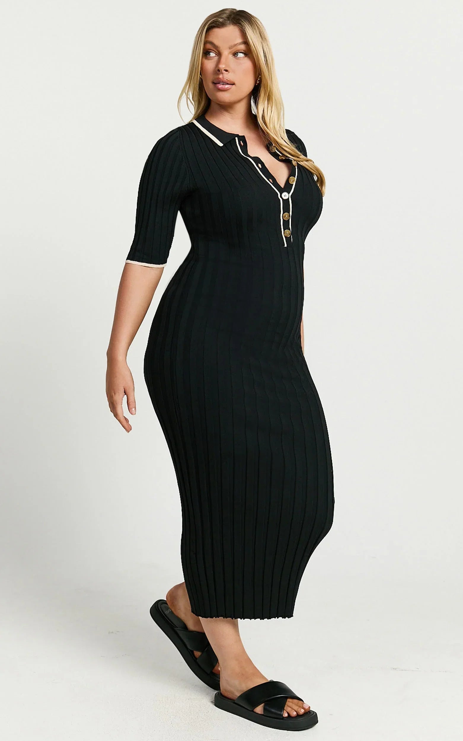 Lada Midi Dress - Short Sleeve Button Front Knit Dress in Black