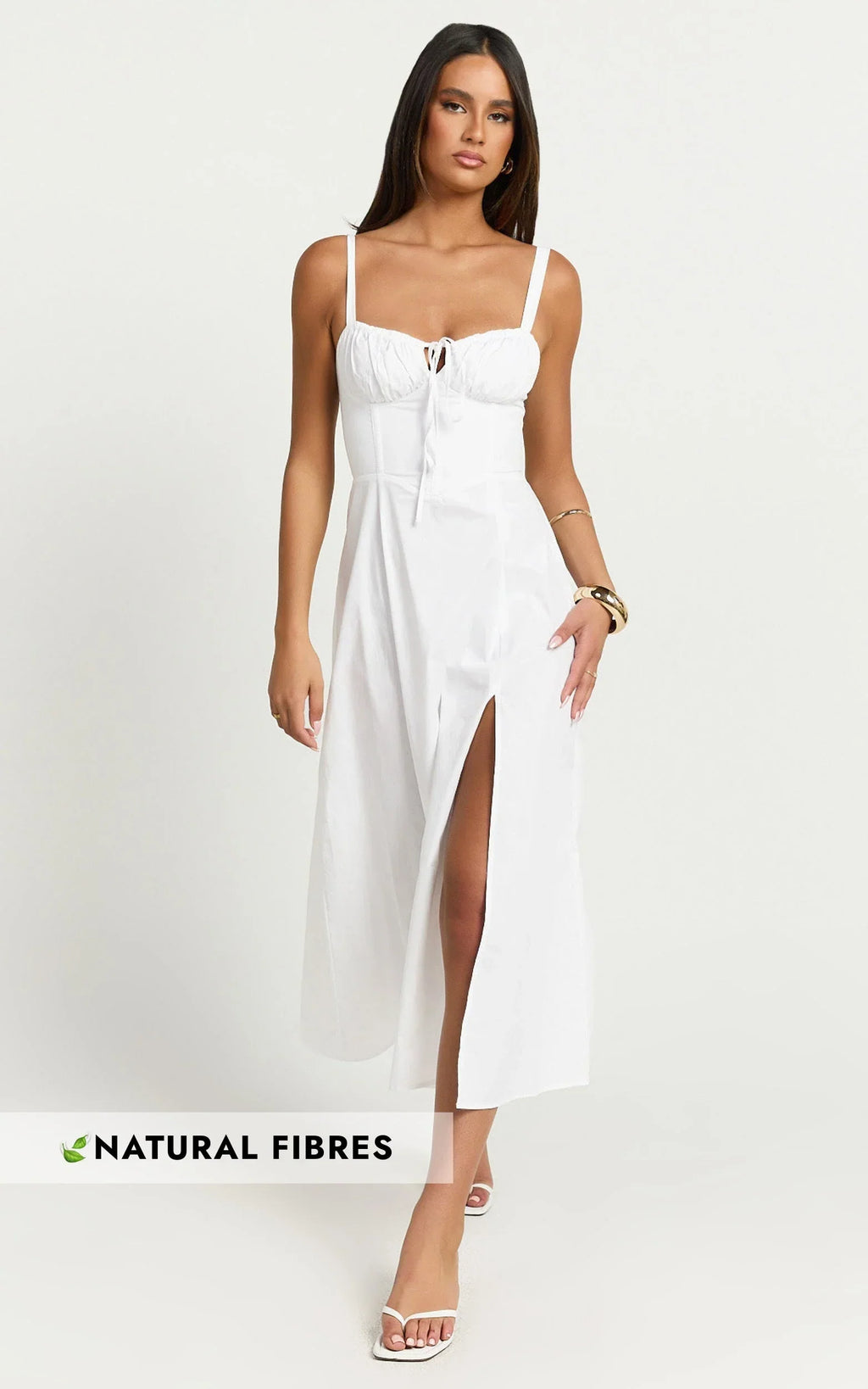 Maiya Midi Dress - Tie Front Fitted Bodice Dress in White