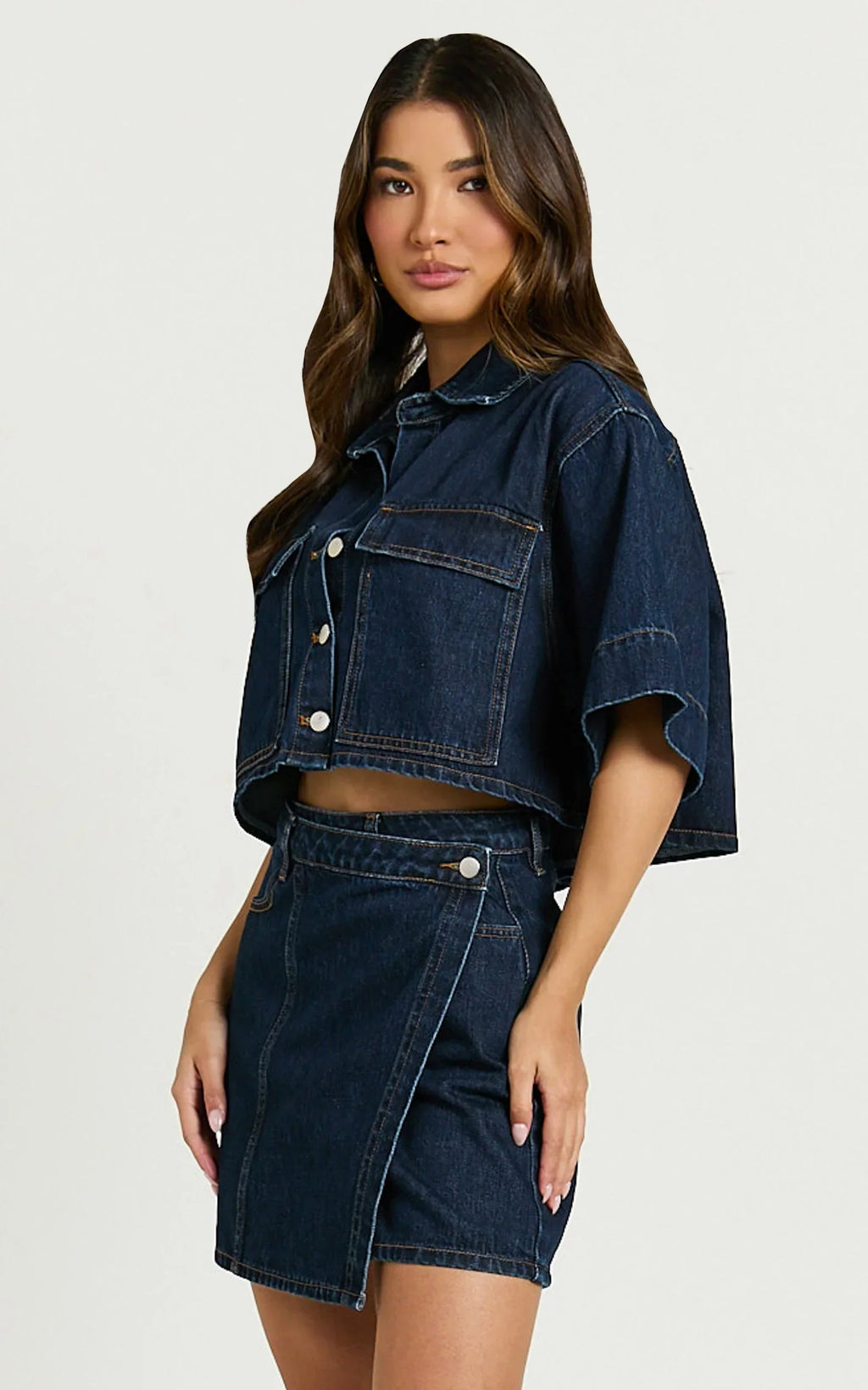 Katherine Mini Skirt - Cross Front Recycled Denim Skirt in Dark Blue Wash