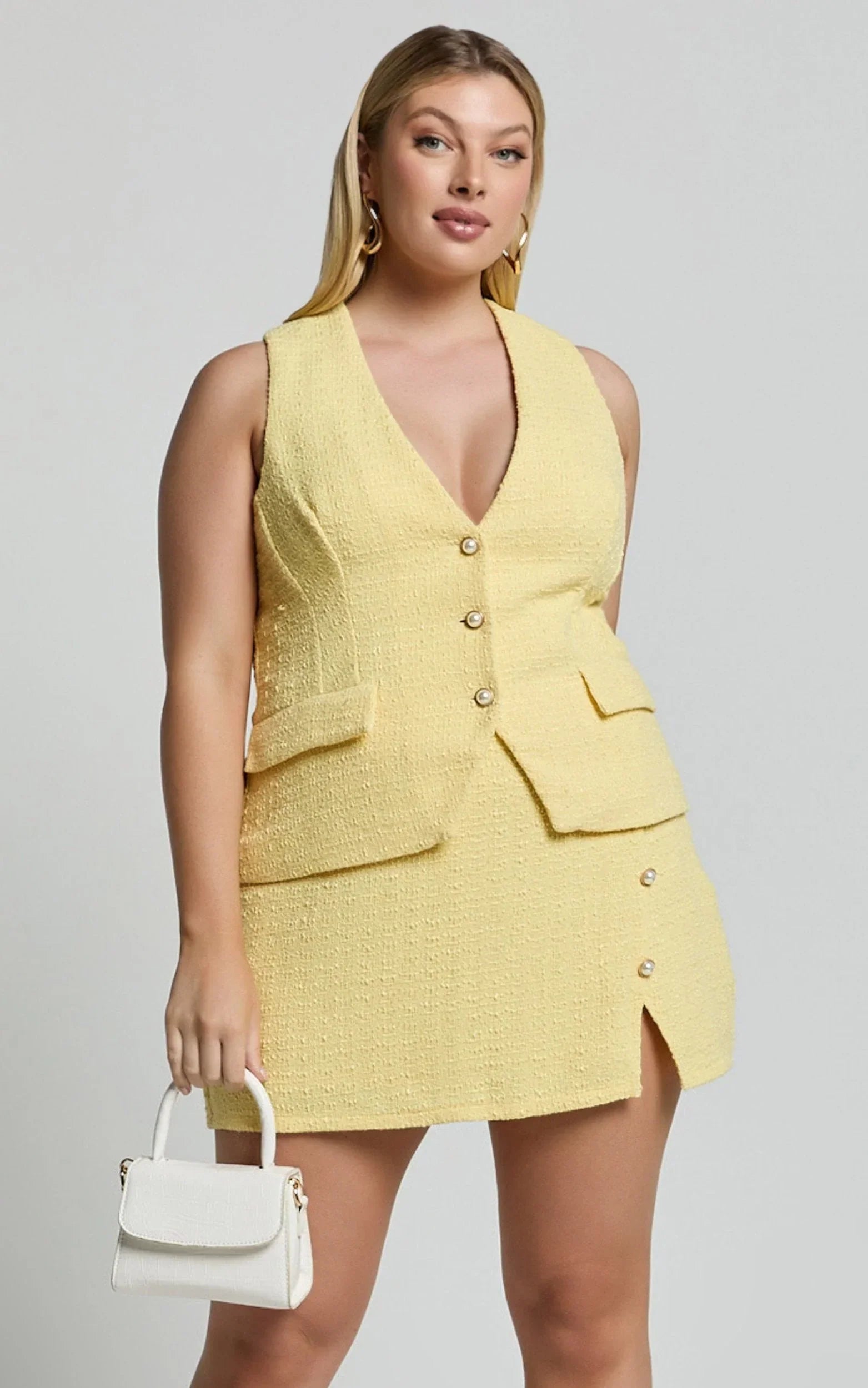Mika Skort - Boucle Faux Wrap Pearl Button Skort in Lemon