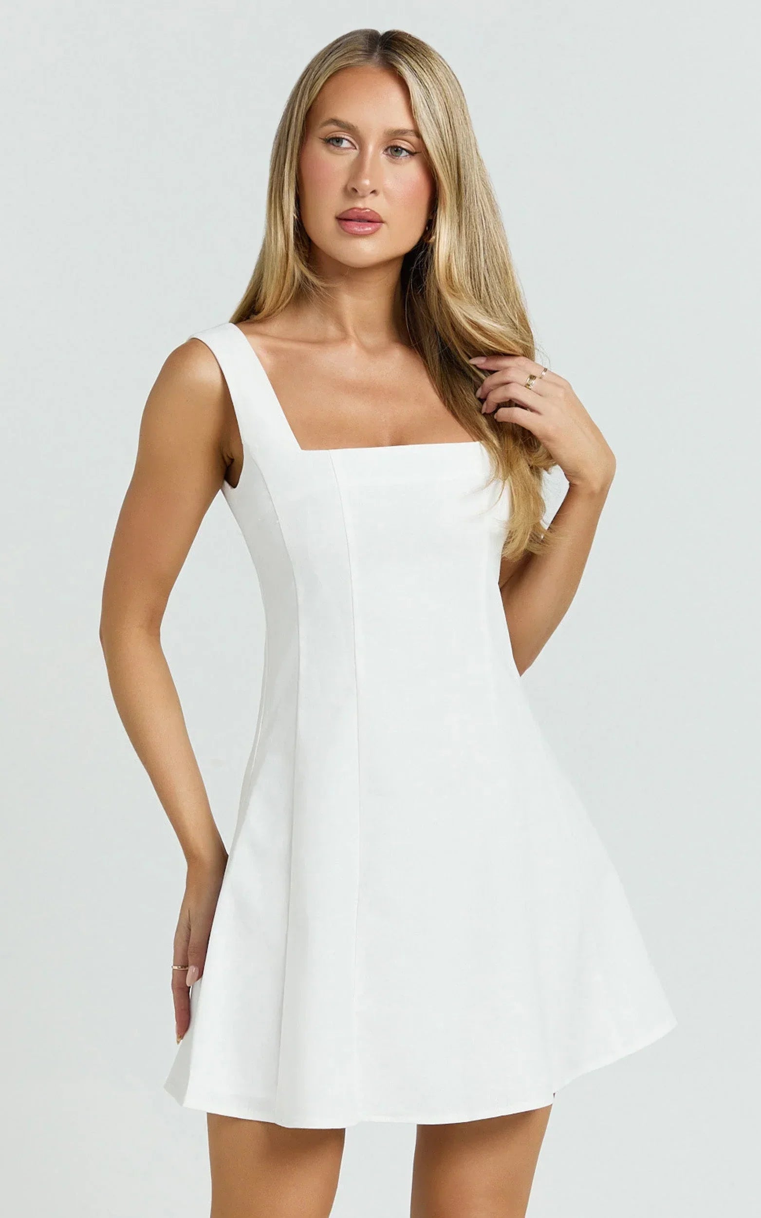 Adiana Mini Dress - Linen Square Neck Shirred Back A Line Dress in Off White
