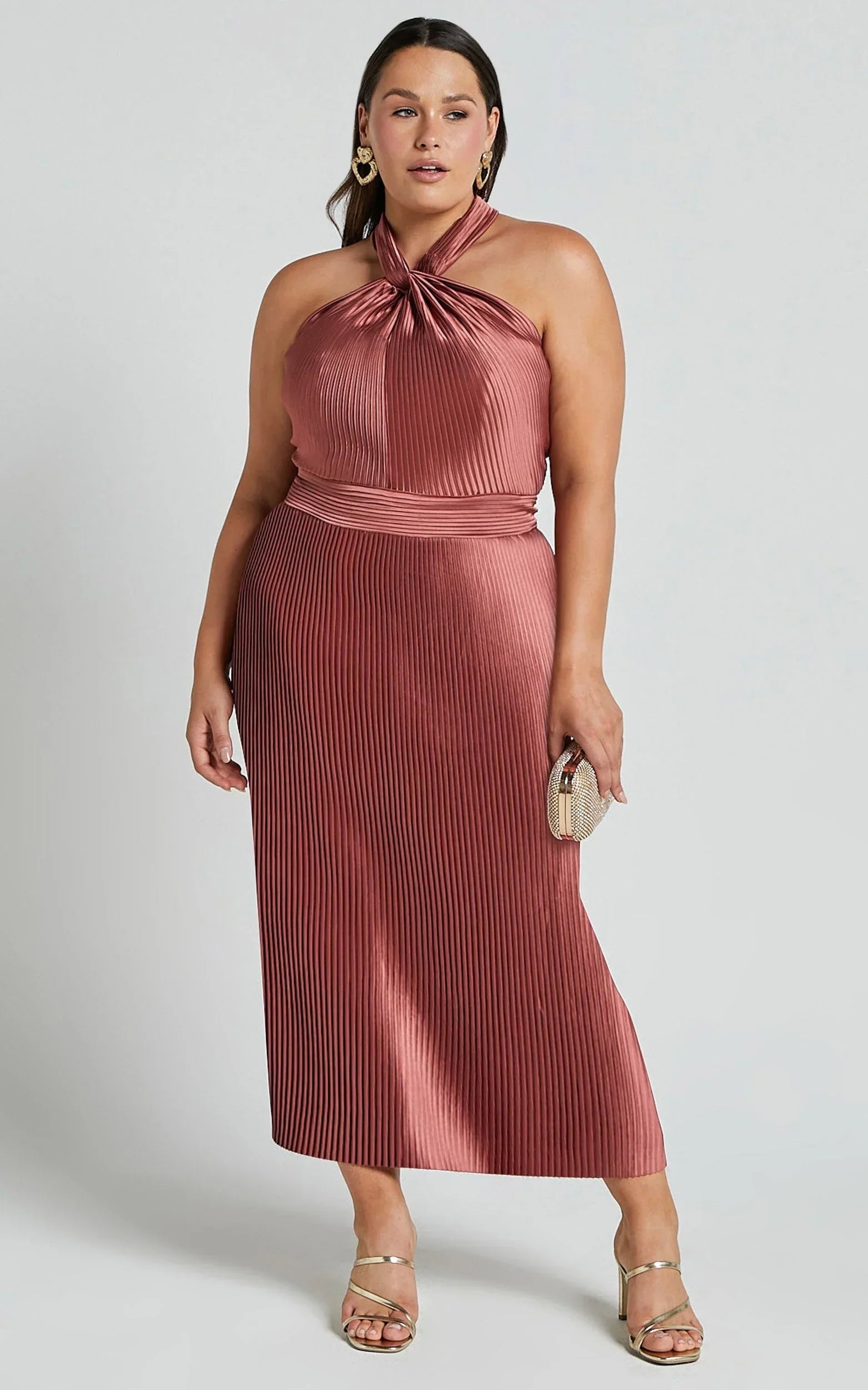 Marlette Midi Dress - Pleated Open Back Halter Dress in Rust